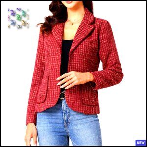Tweed Blazer Notch Lapel Long Sleeve Elegant Business Casual Jacket Fitted Waist